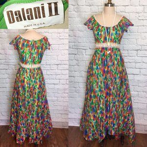 1970s Chiffon Dress Boho High Low Front Faux Wrap Maxi Full Length Size Medium